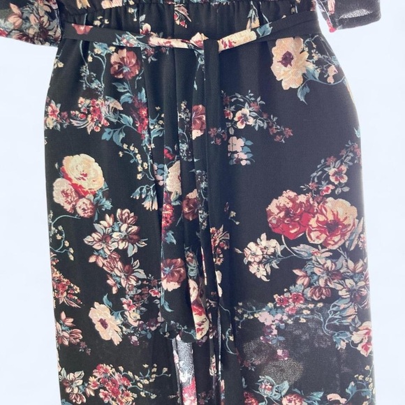 Blue floral romper maxi dress with tie waist and bell sleeves S Mi a mi - Picture 2 of 7